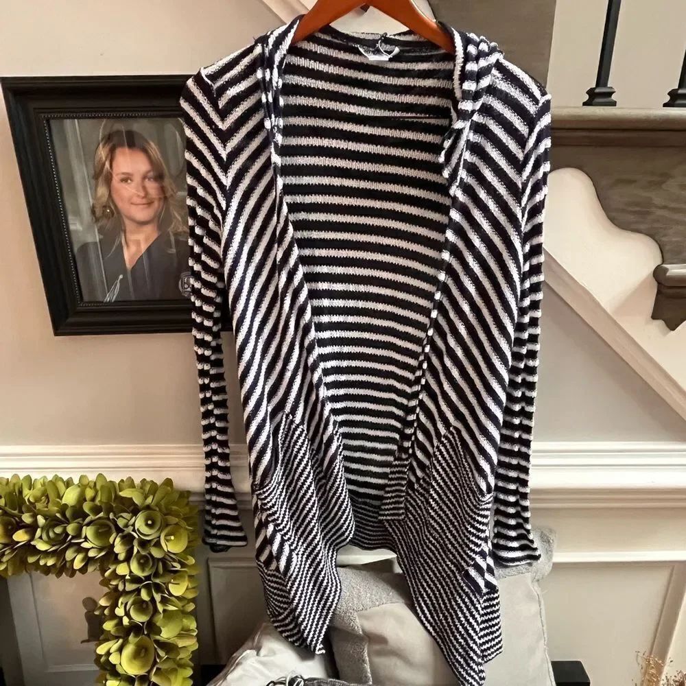 Motherhood Maternity Blue & White Open Front Pocket Hoodie Cardigan Sweater M